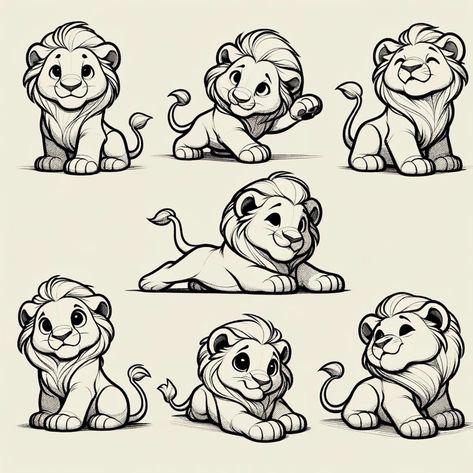 Adorable Lion Mono-line SVG Pack - Etsy Lion Design Drawing, Line Drawings Of Animals, Animal Cartoon Drawings, Cute Lion Drawing, Lion Character Design, Lion Cartoon Drawing, Lion Character, Lion Cartoon, Pikachu Tattoo