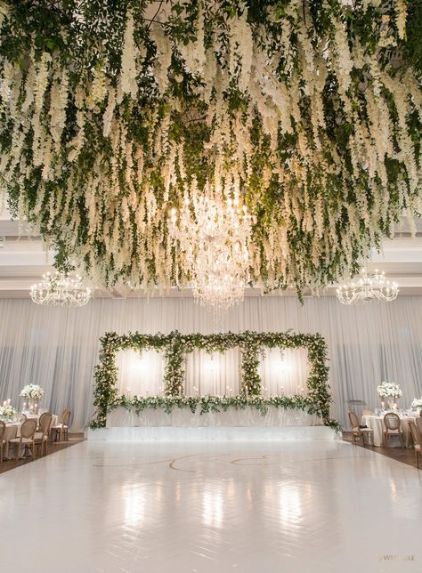 Ceiling Floral Installation, White Wedding Backdrop, Wedding Core, Reception Styling, Smith Wedding, Flower Ceiling, Wedding Ceiling, Dinner Reception, Boda Wedding