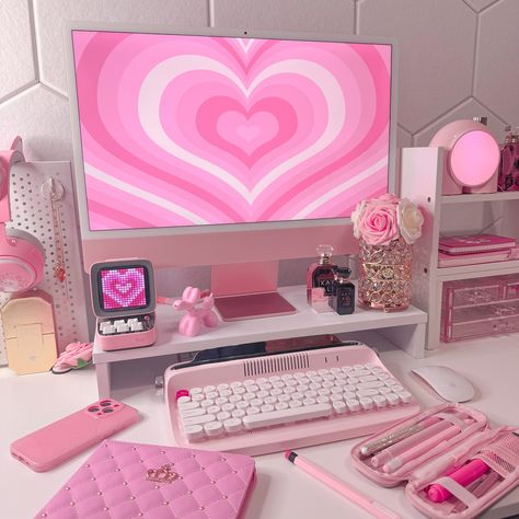 Happy Monday! 🎀 Repeating Hearts Valentines Day wallpaper is from @mollandslane 💗 Hope everyone has a great day. 💕 What’s on my desk::: Computer: @apple refurbished pink iMac Retro Pink Keyboard: @yunzii_keyboard B303 Tablet: @apple pink iPad 10th generation Stylus: @apple pencil 1st generation iPad case: 🔗 in bio Apple Pencil Case: @elago_official White Shelf: Amazon Pink Among Us Light: @divoom_global Pink mini computer: Divoom Items are 🔗’d in my storefront Tags::: #pink #deskset... Pink Imac, Pink Among Us, Pink Home Offices, Apple Pencil 1st Generation, Minimal Desk Setup, Office Cozy, Pc Room, Pink Keyboard, Valentines Day Wallpaper