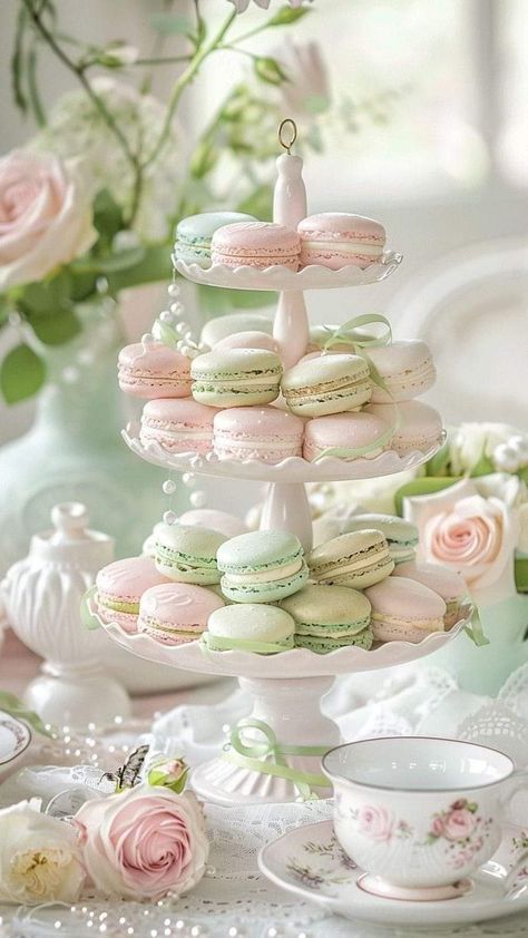 Tea Party Chocolate Covered Strawberries, Garden Tea Party Cake Ideas, Tea Party Macarons, Rococo Tea Party, Bridal Party Tea Party, Tea Party Tea Station, High Tea Party Food, Macaroons Display, Alternative Birthday Cake