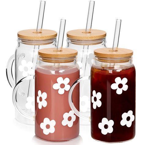 PRICES MAY VARY. 🍹Flower Glass Cup with Handle - White Flower Design Glass Cup, with a simple and elegant design, They have wide and flat bottoms, which make them very stable. Products include 4*16oz handle glasses, 4*matching bamboo lids and glass straws, and a straw brush. 🍹Fit the Cup Warmer - Glass water bottles work well on a electric cup/coffee/tea warmer as they have flat bottoms. They are both comfortable to hold and the handle sufficiently thermally isolated from the glass cup. 🍹Safe Flower Glass Cup, Cups With Lids And Straws, Iced Coffee Cups, Whiskey Cups, Tea Warmer, Coffee Glasses, Drinking Jars, Glassware Drinking, Smoothie Cup