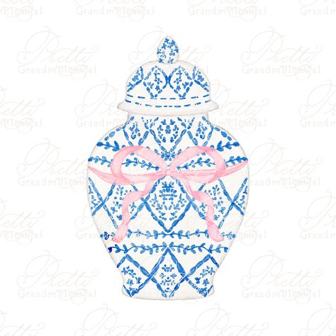 Ginger Jar Wallpaper, Chinoiserie Clipart, Ginger Jar Painting, Blue China Patterns, Jar Clipart, Grand Millenial, Watercolour Clipart, Chinoiserie Ginger Jars, Chinoiserie Vase