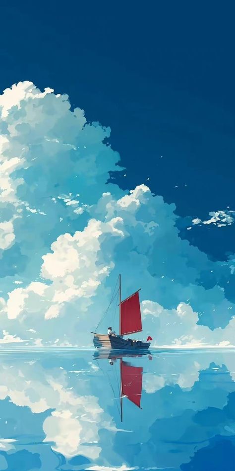 Blue Ocean Illustration, Digital Art Ocean, Cloudy Blue Sky, Studio Ghibli Background, Arte Indie, 8bit Art, Cool Wallpapers Art, Fantasy Art Landscapes, Like Comment Share