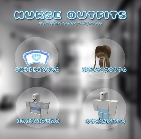 credit goes to: bloxburg_codes_and_hacks on insta :) Nurse Outfit, School Decal, Code Clothes, Doctor Outfit, New Hospital, Bloxburg Decals Codes, Bloxburg Decals, Bloxburg Decal Codes, Outfit Codes