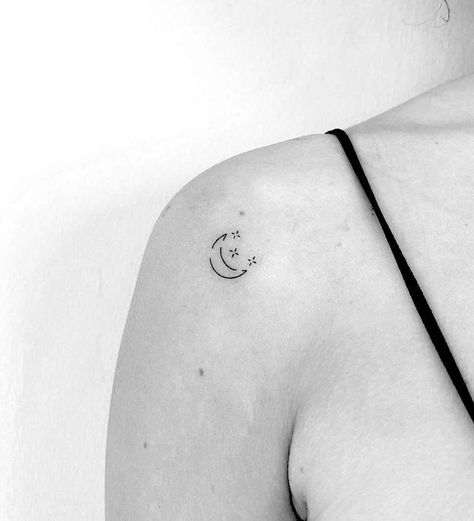 The meaning of a moon tattoo varies depending on the type of moon. In general, the moon is a feminine emblem that represents eternity, time, and nature’s dark side. In astrology, it’s also a sign of the soul. A crescent moon, on the other hand, has special significance since it symbolizes a period of change. Waxing moons represent expansion and innovation, while waning moons represent release and introspection. Moon And Star Tattoos For Women Shoulder, Minimal Moon And Star Tattoo, Mini Moon Tattoos, Moon And Three Stars Tattoo, Small Tattoos Moon And Stars, Tiny Moon And Stars Tattoo, Moon And 3 Stars Tattoo, Small Moon And Stars Tattoos For Women, Small Star And Moon Tattoo