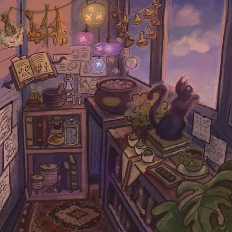 #art #digital #magic #sunset #cat #cute #painting #witch #book #aesthetic Cat Cute Painting, Witch Book Aesthetic, Cozy Witch Aesthetic, Soft Witch Aesthetic, Witchy Office, The Sorceress, Fantasy Map Making, Cute Painting, Map Making