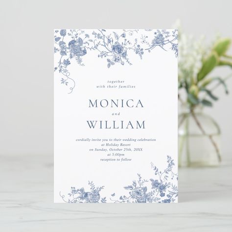 Blue Elegant Wedding, Qr Code Invitation, French Blue Wedding, Vintage Floral Wedding Invitations, Wedding Qr Code, Couples Bridal Shower, Chinoiserie Blue, Elegant Wedding Invitation, Blue French