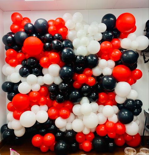 Balloon Wall | Chick-fil-A Balloon Decor | Balloon Columns | Red White Black Balloons White Balloon Decor, Red Balloon Wall, Volunteer Fair, Balloon Room, Black And White Balloons, Handmade Gifts Diy, Balloon Display, Bar Interior Design, Balloon Ideas