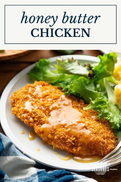 This oven-fried honey butter chicken is baked until it's crispy and crunchy, and then drizzled with a spicy honey butter sauce. It's easy, flavorful, and delicious alongside a salad, coleslaw, cornbread, or biscuits! Butter Chicken Sandwich, Spicy Honey Butter, Honey Butter Sauce, Salad Coleslaw, Honey Butter Chicken, Okra And Tomatoes, Chicken Breast Cutlet, Chicken Home, Sweet Potato Biscuits