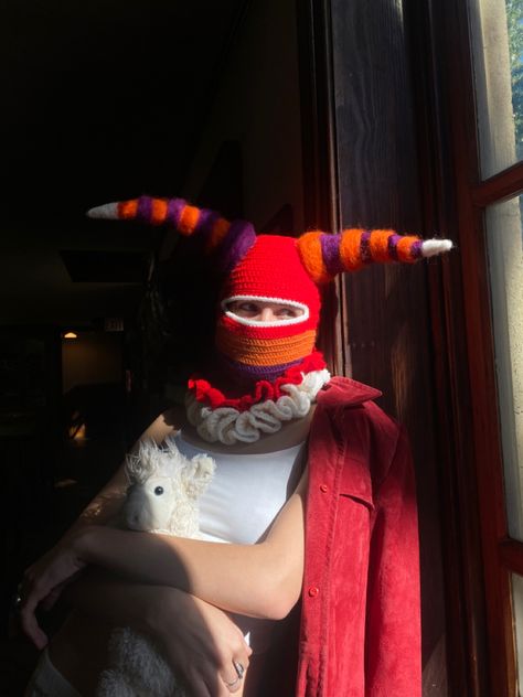 This crochet piece  is named”back to childhood” and is supposed to represent the playfulness of that time period Crochet Clown Balaclava, Horned Balaclava, Clown Balaclava, Bunny Balaclava, Jetpack Joyride, Kriss Kross, Balaclava Crochet, Balaclava Mask, Crochet Balaclava