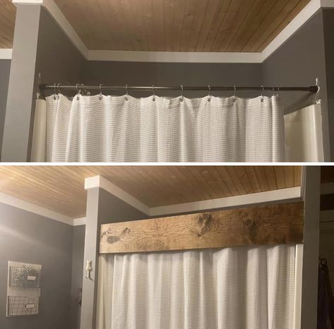 Shower Curtain Rod, Wood Beam, Bathroom Farmhouse Style, Bathroom Design Decor, Shower Rod, Bathroom Redo, Home Upgrades, Bathroom Renos, Rustic Bathroom