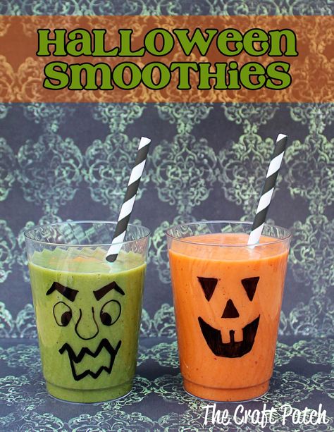 Halloween Smoothies. Would be such a fun breakfast on Halloween! Easy Jack O Lantern, Halloween Presentation, Quick Halloween Recipes, Muffins Halloween, Summerween Party, Fun Halloween Drinks, Fun Halloween Snacks, Halloween Eats, Smoothie Jar