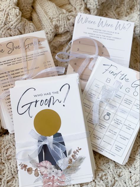 I love adding the special touch of personalized bridal shower games to each event Bridal Shower Ideas Games, Bridal Shower Boho, Bridal Shower Bachelorette Party Ideas, Alex Evans, Games Wedding, Boda Ideas, Bridal Boxes, Name Place Cards, Boho Bridal Shower