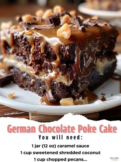 DAILY DIABETIC RECIPES | 😋🍰 Mouthwatering German Chocolate Poke Cake | Facebook Mouthwatering German Chocolate Poke Cake, Shredded Coconut Recipes, German Chocolate Poke Cake, Almond Joy Cookies, Coconut Pecan Frosting, Chocolate Poke Cake, Coconut Pecan, Chocolate Cakes, Moist Chocolate Cake