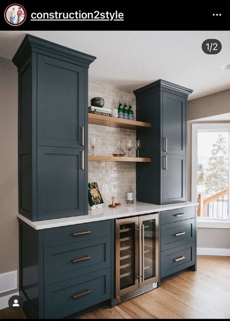 Black Antique Cabinets Kitchen, Bar Kitchen Cabinet Ideas, Kitchen Built In Hutch Wet Bars, Built In Bar Dining Room Storage Cabinets, Cabinets In Eat In Kitchen, Bar Area In Dining Room Built Ins, Wet Bar Colored Cabinets, Dining Room Built In Buffet Modern, Basement Bar Entertainment Area