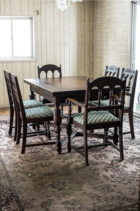 This unique Antique Dining Room Table and Chairs is going to look perfect in my restored 1900s fixer upper.  #diningroom #fixerupper #furniture #antique #andersonandgrant Antique Table Dining Room, Dining Room Antique Furniture, Antique Table Modern Chairs, Antique Dining Table Modern Chairs, 1940s Dining Room, Antique Dining Set, Antique Dining Room Sets, Brown Dining Room Table, Fixer Upper Dining Room