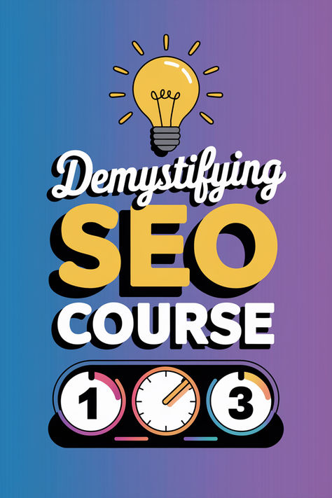 Colorful graphic with a lightbulb above the text "Demystifying SEO Course." Below, a timer icon displays the numbers 1, 2, and 3. The background is a gradient of purple and blue. Seo Course, Learn Seo, Seo Expert, Seo Marketing, Best Practice, Best Practices, Marketing Tips, One Day, Marketing