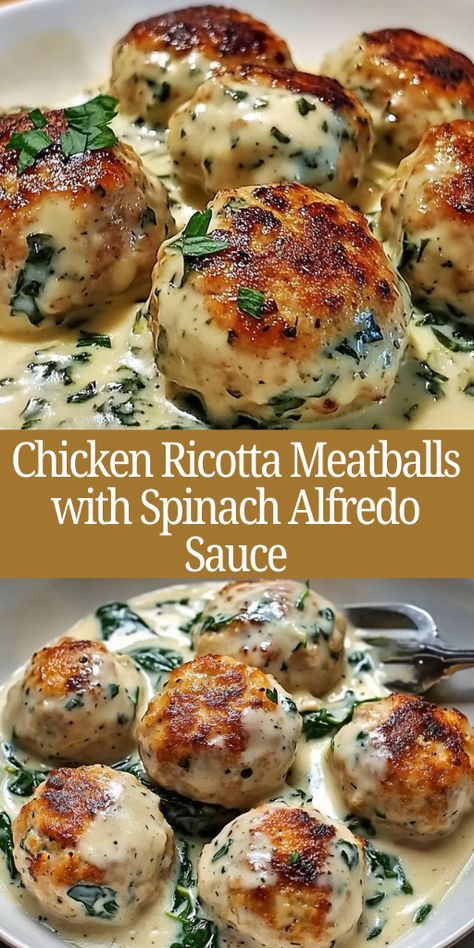 Chicken Ricotta Meatballs smothered in a rich, creamy Spinach Alfredo Sauce.  Ingredients:  For the Meatballs:  1 lb ground chicken 1/2 cup ricotta cheese 1/4 cup grated Parmesan cheese 1 egg 1/2 cup breadcrumbs 2 cloves garlic, minced Salt and pepper to taste 1 tablespoon Italian seasoning For the Spinach Alfredo Sauce:  2 tablespoons butter 1 clove garlic, minced 1 cup heavy cream 1/2 cup grated Parmesan cheese 2 cups fresh spinach, chopped Salt and pepper to taste Chicken Meatball Alfredo Pasta, Garlic Alfredo Chicken Meatballs, Chicken Meatballs With Spinach, Chicken Ricotta Meatballs, Spinach Alfredo Sauce, Recipes Using Ricotta Cheese, Ricotta Chicken, Meatballs With Spinach, Recipe Using Ricotta