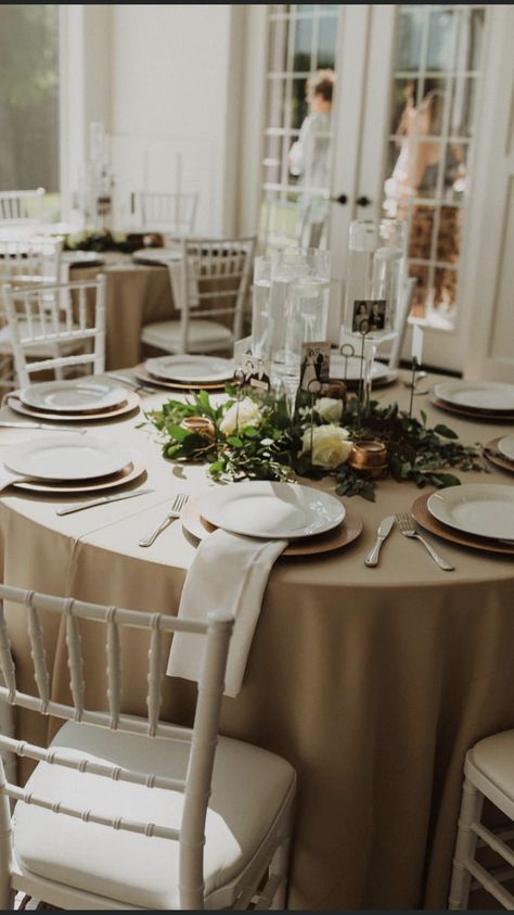 Tan Table Linens Wedding, Khaki Table Linens Wedding, Reception Table Cloth Ideas, Beige Table Linens Wedding, Wedding Tables With Tablecloths, Beige Satin Tablecloth Wedding, Tan Table Cloth Wedding, Muslin Table Runner Wedding, Sandalwood Table Linen Wedding