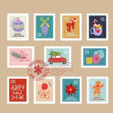 Stamp Illustration Design, Homemade Packaging, Christmas Postage Stamps, Calendar Graphic, Hand Drawn Christmas, Postage Stamp Collection, Christmas Mail, Christmas Calendar, Holiday Design Card