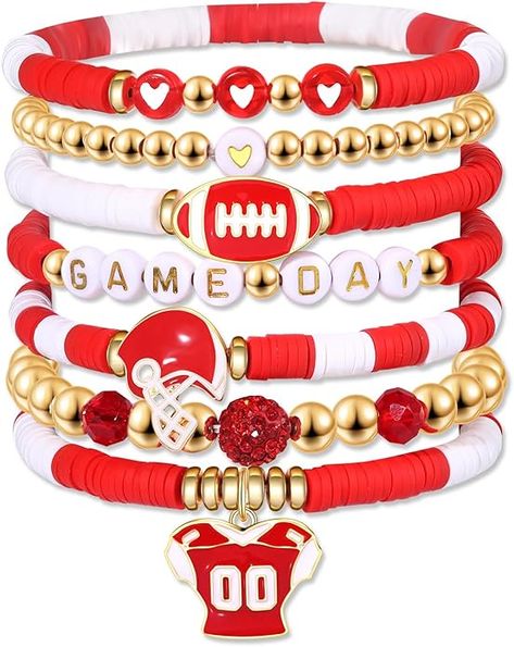 Team Mom Football Gifts, Football Mom Outfit, Holiday Bracelet, Football Jewelry, Heishi Bracelets, Outfits Jewelry, Bracelets Red, Football Bracelet, Women Football