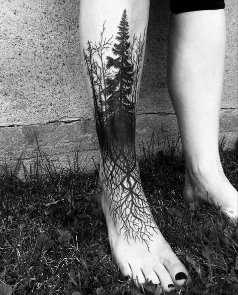 Forest Leg Tattoos Women, Roots On Feet Tattoo, Dark Ankle Tattoo Cover Up, Nature Shin Tattoo, Raven Shin Tattoo, Tree Shin Tattoo, Tree Silloutes Tattoo, Tree Climbing Tattoo, Tree Leg Tattoo For Women