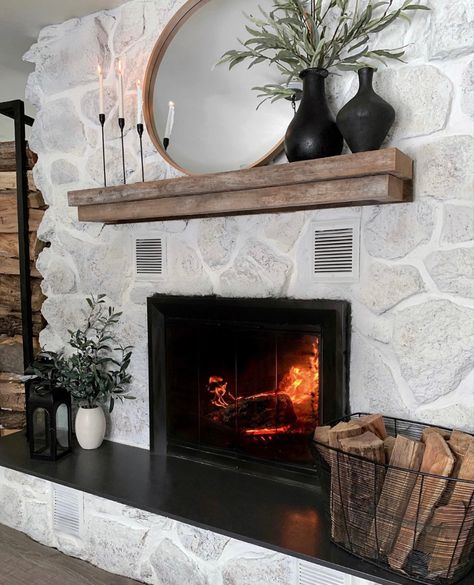 Fire Mantle Decor, Above Fireplace Decor, Chimney Decor, Farmhouse Mantle Decor, Farmhouse Fireplace Decor, Black Vases, Fireplace Mantle Decor, Brick Fireplace Makeover, Fireplace Mantel Decor