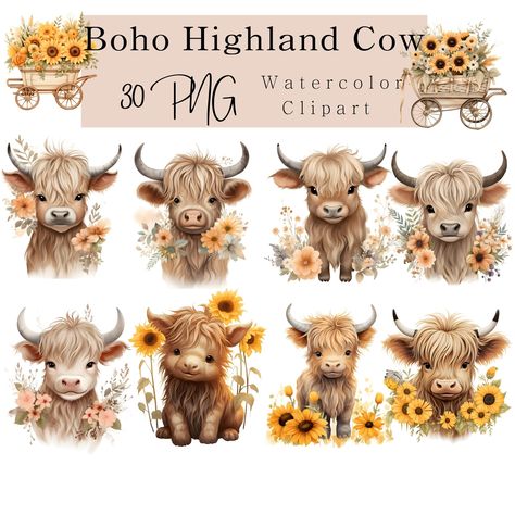 Watercolor Nursery Animals, Nursery Animal Art, Highland Cow Clipart, Spring Png, Cow Clipart, Baby Highland Cow, Watercolor Nursery, Highland Cows, Animal Nursery