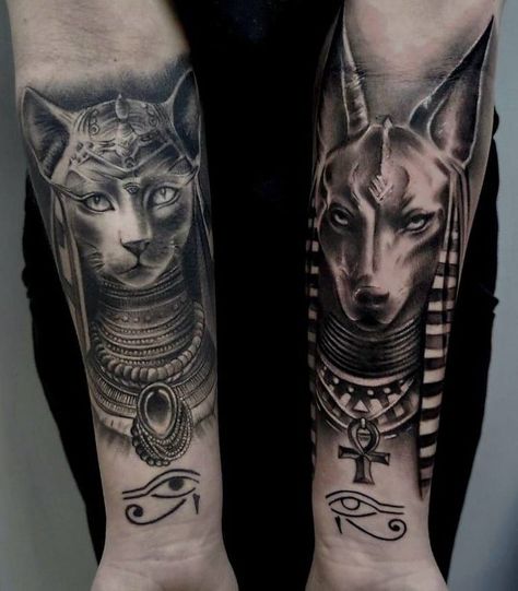 Anubis And Bastet Tattoo Design, Bast Tattoo Goddesses, Baset Tattoos, Anubis And Bastet Tattoo, Bastet Tattoo Egyptian, Bastet Goddess Tattoo, Gigi Tattoo, Bastet Anubis, Bast Tattoo