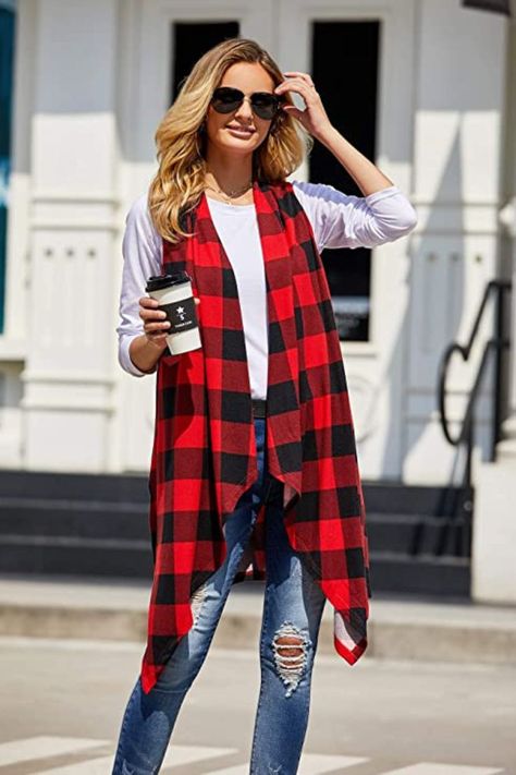 Fashion cardigan for women, buffalo plaid style, two side pockets, oversized style, irregular hem, loose fit Buffalo Plaid Cardigan, Cardigan Sleeveless, Sleeveless Duster, Lightweight Vest, Casual Outfits For Teens, Plaid Cardigan, Old Faithful, Open Front Sweater