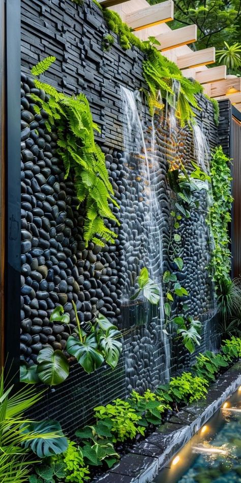 Yard Walls Ideas, Black Garden Wall, Vertical Garden Design Outdoors, Outdoor Wall Ideas, Living Wall Outdoor, Garden Design Wall, Small Back Garden Ideas, Living Walls Outdoor, Wall Garden Ideas