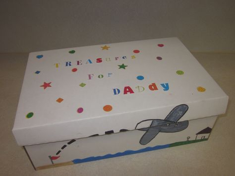 Have your child decorate a shoe box with markers and stickers. This treasure box will be a special place to keep all the cool things they want to show their parent when they come home. Shoe Box Design, Memory Boxes, Box Designs, Prayer Box, Shoes Box, Cool Things, Treasure Box, Treasure Boxes, Box Ideas