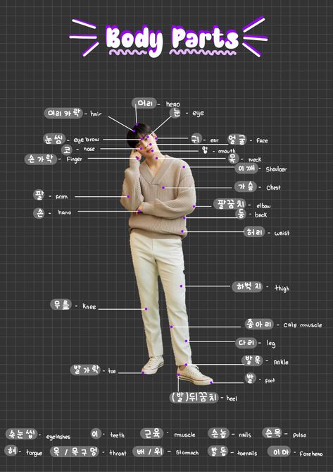 study about the body in Korean with our dear Cha Eunwoo. Bodyparts in Korean #hangul #koreanstudy # studyingkorean #lystudyingkorean #korea #coreano #alfabetocoreano #estudandocoreano #hangulcoreano #studying #coreiadosul #southkorea #learningkorean #learnkorea #estudando #estudo #exerciciocoreano #korean #korealanguage #koreangrammar #topik1 #topik #bodyparts #body Body Parts In Korean, Korean For Beginners Notes, Body In Korean, Korean Beginner, Korean Verbs, Learning Korean Grammar, Korean Study, Learn Basic Korean, Korean Hangul