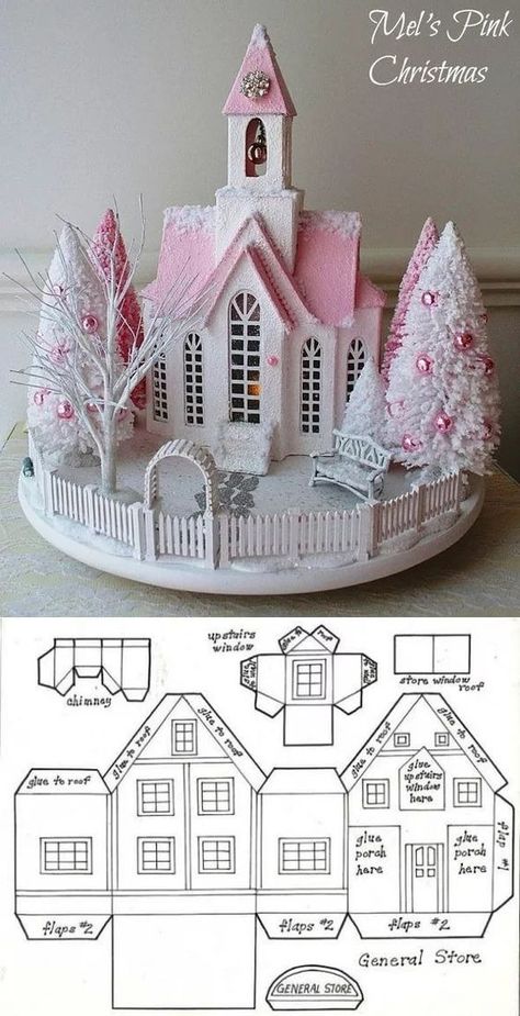 Pink And White Christmas, Paper House Template, Diy Christmas Village, Shabby Christmas, Christmas Village Houses, Glitter Houses, Christmas Glitter, Putz Houses, Shabby Chic Christmas