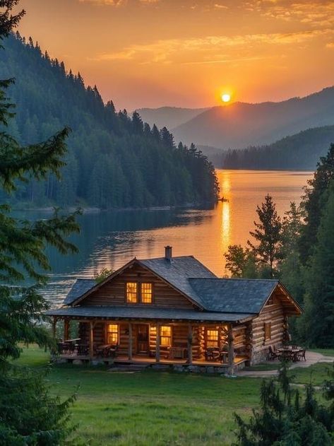 Cabin Sunset, Log Cabin Living, Cozy Cabins, Pink Castle, Lakeside Cabin, Cabin House, Home Library Design, Country Cabin, Cabin Living