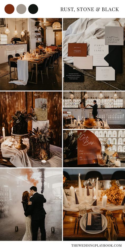 Intimate Modern Wedding Inspiration in Rust, Stone & Black | Photography: Doe and Deer Photography Black Champagne Rust Wedding, Fall Wedding Black Color Schemes, Black And Orange Boho Wedding, Fall Wedding Color Schemes Black, Black Wedding Color Schemes Fall, Wedding Fall Aesthetic, Black Ivory And Rust Wedding, Black White Rust Wedding, Rustic And Black Wedding