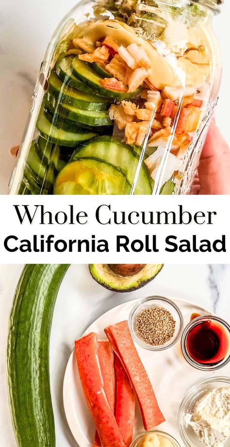 Have you tried the whole cucumber salads going viral on TikTok? This sliced cucumber California roll salad is so worth making! If you like California rolls, you'll love this easy dish. It's fresh, creamy, crispy, and has lots of great flavor! Sliced Cucumber Salad, Crab And Cucumber Salad Recipe, California Roll Cucumber, Viral Cucumber California Roll Salad, Crab Cucumber Salad, Easy Cucumber Recipes, California Roll Salad, Sushi Cucumber Salad, Cucumber Salad Tiktok