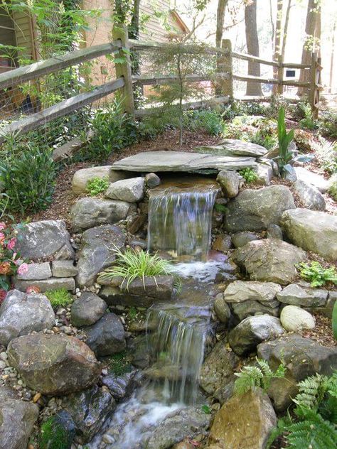 26 Eye-catching Pond Waterfall Ideas Yard Waterfall, Pondless Water Features, Backyard Waterfall, Outdoor Waterfalls, Garden Pond Design, Outdoor Water Features, Garden Waterfall, Pond Waterfall, Backyard Water Feature