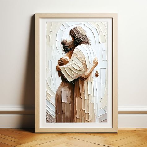 Christian wall art featuring Jesus gentle embrace, symbolizing faithful love Christian Textured Art, Art Nook, Safe In His Arms, Kids Cooking Activities, Lds Artwork, Ipad Journal, Loving Embrace, Bible Wall Art, In His Arms