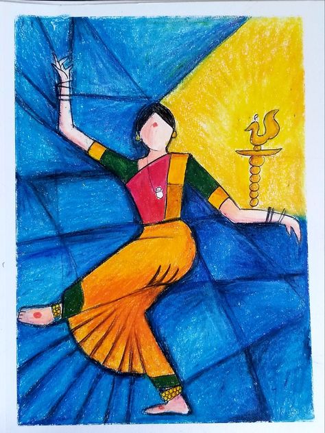 Dance Paintings Easy, Easy Composition Painting, Creative Composition Painting Ideas, Madhubani Drawing Easy, Bharatanatyam Drawing, Creative Composition Painting, Bharatnatyam Drawing, Composition Art Paintings, Symbolism Art