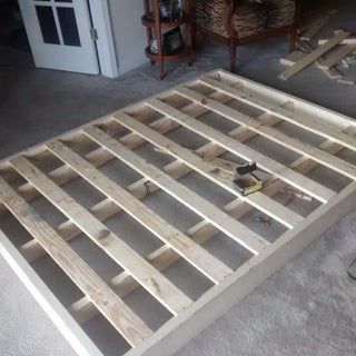 How To Make A Box Spring For Bed, Build Box Spring, Bed Base Ideas Diy, Simple Wood Platform Bed Frame, Diy Slats For Queen Bed, King Bed Frame No Box Spring, Diy Boxspring Bed Frame, Low Profile Bed Frame Diy, Diy Low Profile Bed Frame