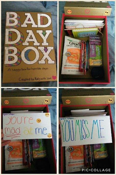 Bad Day Box!! Perfect gift for your boyfriend/girlfriend/etc. whether you live far away or together. Add their favorite snacks and knick knacks for a thoughtful, one-of-a-kind gift :) Bad Day Box, Diy Gifts For Christmas, Gift For Your Boyfriend, Personal Gifts, Bf Gifts, Gifts For Boyfriend, Relationship Gifts, Cadeau Diy