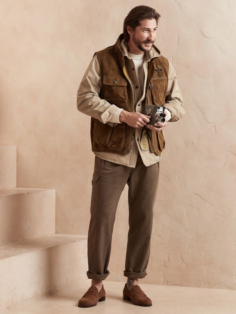 Crafted for the wayfaring soul, this self-sufficient suede vest is based off of an archival style from the 90s, reimagined here with all of its utilitarian details, yet crafted in soft, luxurious suede.  Bonus: our designers added a map print lining Mens Safari Outfit, Safari Outfit For Men, Capsule Wardrobe Men, Safari Vest, Safari Outfit, Safari Outfits, Hunter Outfit, Safari Chic, Suede Vest