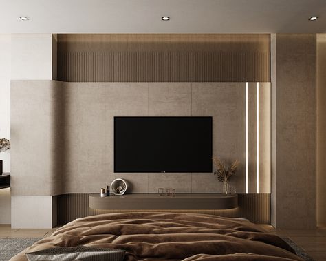 MASTER ROOM INTERIOR DESIGN :: Behance Hotel Tv Wall Design, Muji Office, Bedroom Tv Wall Ideas, Tv Wall Design Modern Luxury, Tv Corner, Lcd Wall, Living Room Contemporary, Interior Design Behance, Bedroom Tv Wall