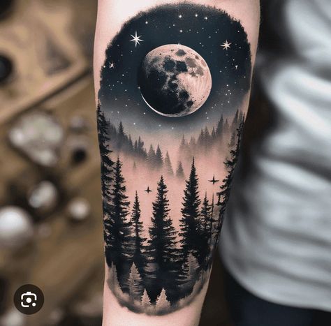 Night Scene Tattoo, Night Sky Tattoo, Lights Tattoo, Night Sky Tattoos, Reflection Tattoo, Northern Lights Tattoo, Ocean Wave Tattoo, Tree Silhouette Tattoo, Journey Tattoo