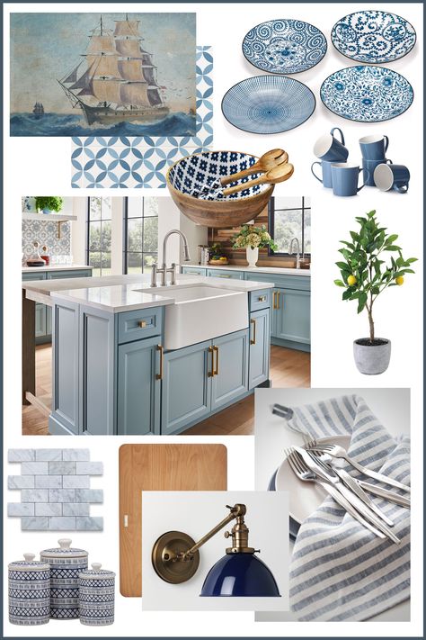 Digital Mood Board, Magnolia Home Decor, Mood Board Interior, Kitchen Mood Board, Kitchen Colour Schemes, Interior Design Boards, Interior Design Mood Board, Blue Kitchen, Blue Kitchens