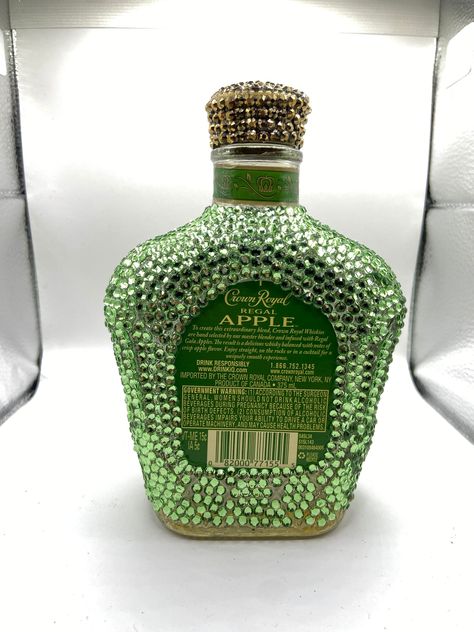 Crown Royal Bottle Crafts Diy, Crown Royal Apple, Bedazzled Liquor Bottles, Crown Apple, Crown Royal Bottle, Crown Bottle, Whiskey Bottles, Custom Crown, Custom Bottle