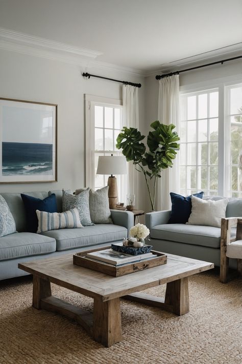 From woven textures to ocean-inspired hues, coastal decor can breathe fresh life into any room. Whether it's natural wood furniture or coastal-themed wall art, consumers are craving that relaxed, beachy feel at home. For entrepreneurs, this trend offers endless possibilities to design new decor pieces that embody the charm of the coast. Coastal With Dark Wood, Organic Coastal Living Room, Coastal Grandma Interior Design, Coastal Neutral Living Room, Moody Coastal Aesthetic, Pure Salt Interiors Living Room, Coastal Farmhouse Decor Living Room, Modern Coastal Farmhouse Living Room, Coastal Home Aesthetic