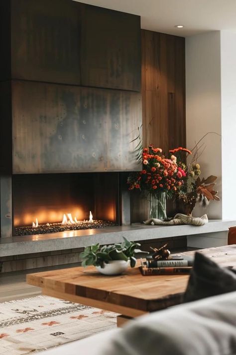 Warm Up Your Space: Fireplace Accent Wall Ideas Rustic Industrial Fireplace Ideas, Modern Southwest Fireplace, Industrial Style Fireplace, Mc Fireplace, Corten Steel Fireplace, Southwest Fireplace, Fireplace Accent Wall Ideas, Tv Wall Design With Fireplace, Ravine House