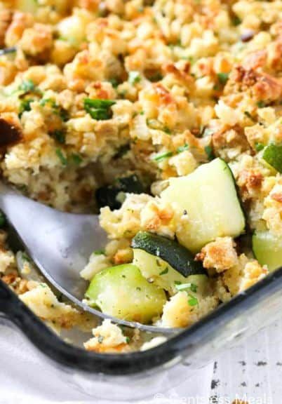 Zucchini Casserole With Stuffing - CentsLess Meals Zucchini Stuffing Casserole Recipe, Zucchini Casserole With Stuffing, Casserole With Stuffing, Zucchini Squash Casserole, Vegetarian Stuffing, Zucchini Casserole Recipes, Zucchini Side Dishes, Yummy Casserole Recipes, Zucchini Casserole